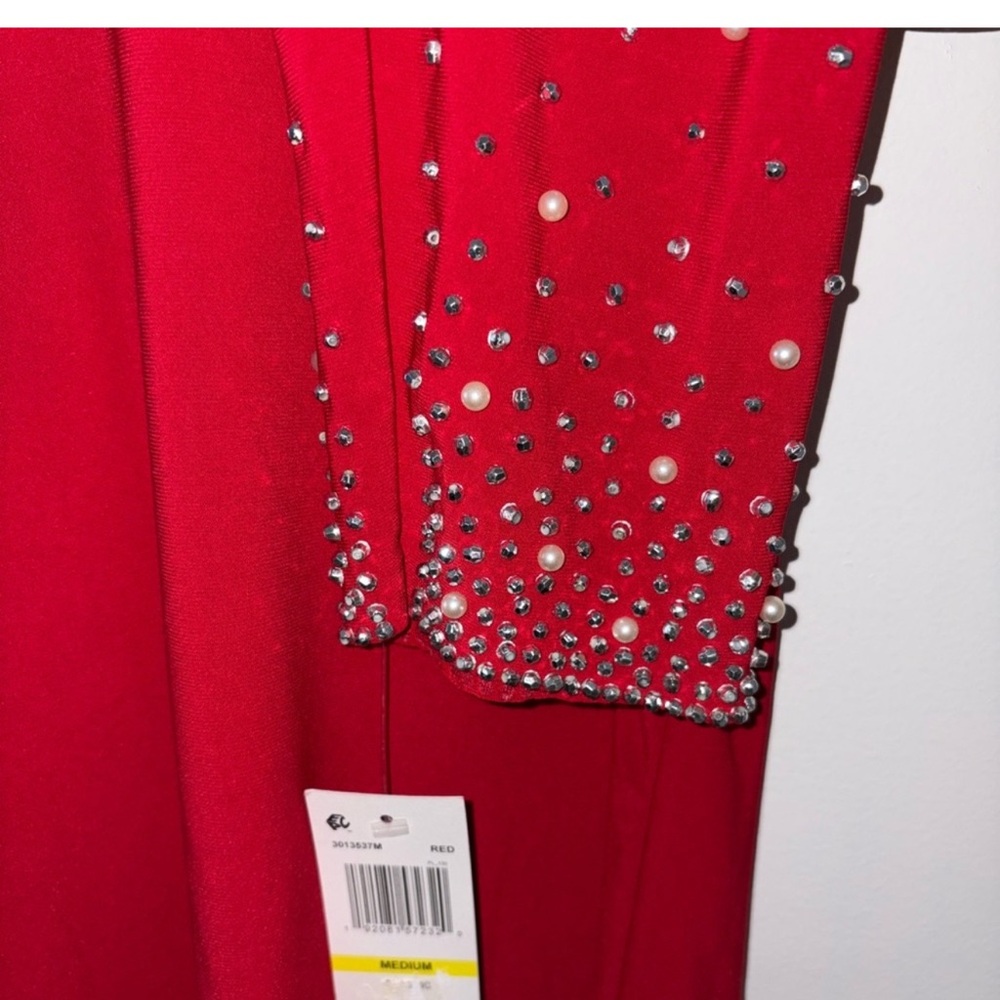 NWT MSK Red V-Neck Blouse With Embellished Beads/Pearl Sleeves Women’s Sz Medium - Picture 6 of 11